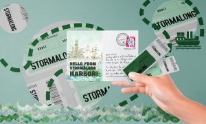 Mockup for a postcard from Stormalong Harbor.